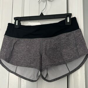 Lululemon Speed Up lined Shorts, black and grey, low-rise waist, 2.5” inseam.